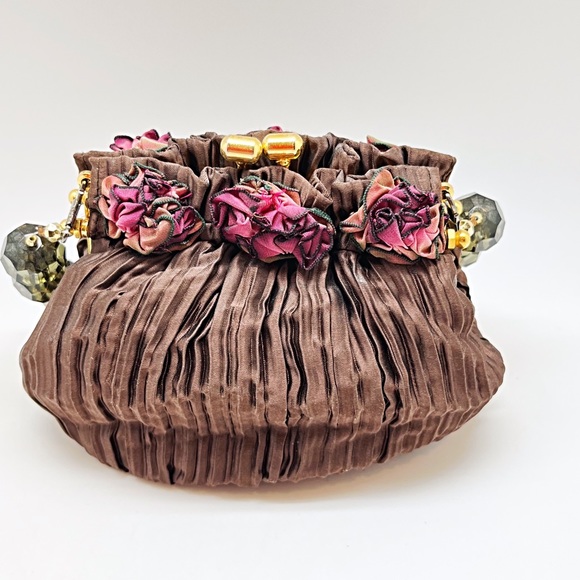 Small Brown Handbag W/Ribbon Roses, Chunky Topaz Crystal Handle, Large Tassel - Picture 2 of 8